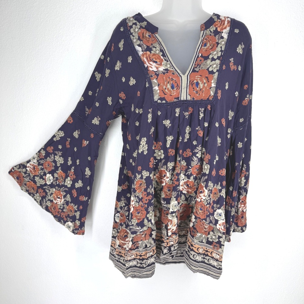 Vintage Womens Navy Floral Bell Flare Sleeve Boho Tunic Top‎ Size Medium Peasant